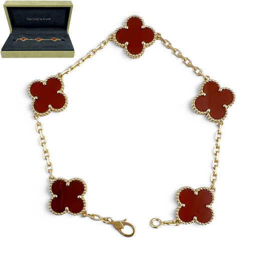 Van Cleef Arpels Carnelian 5 Motif Vintage Alhambra 18k Gold Bracelet + BOX RCPT
