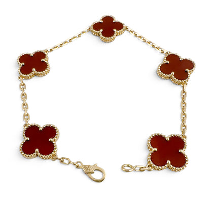 Van Cleef Arpels Carnelian 5 Motif Vintage Alhambra 18k Gold Bracelet + BOX RCPT