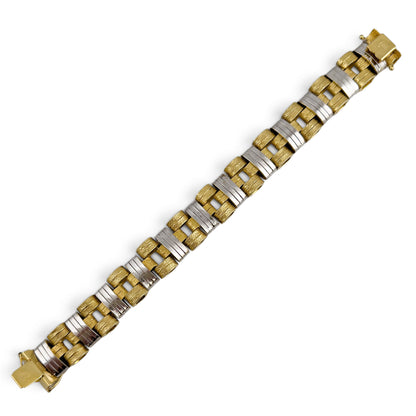 Mens 14k Yellow & White Gold 2-Tone Stipple & Smooth Textured Bracelet 38.9g 8"