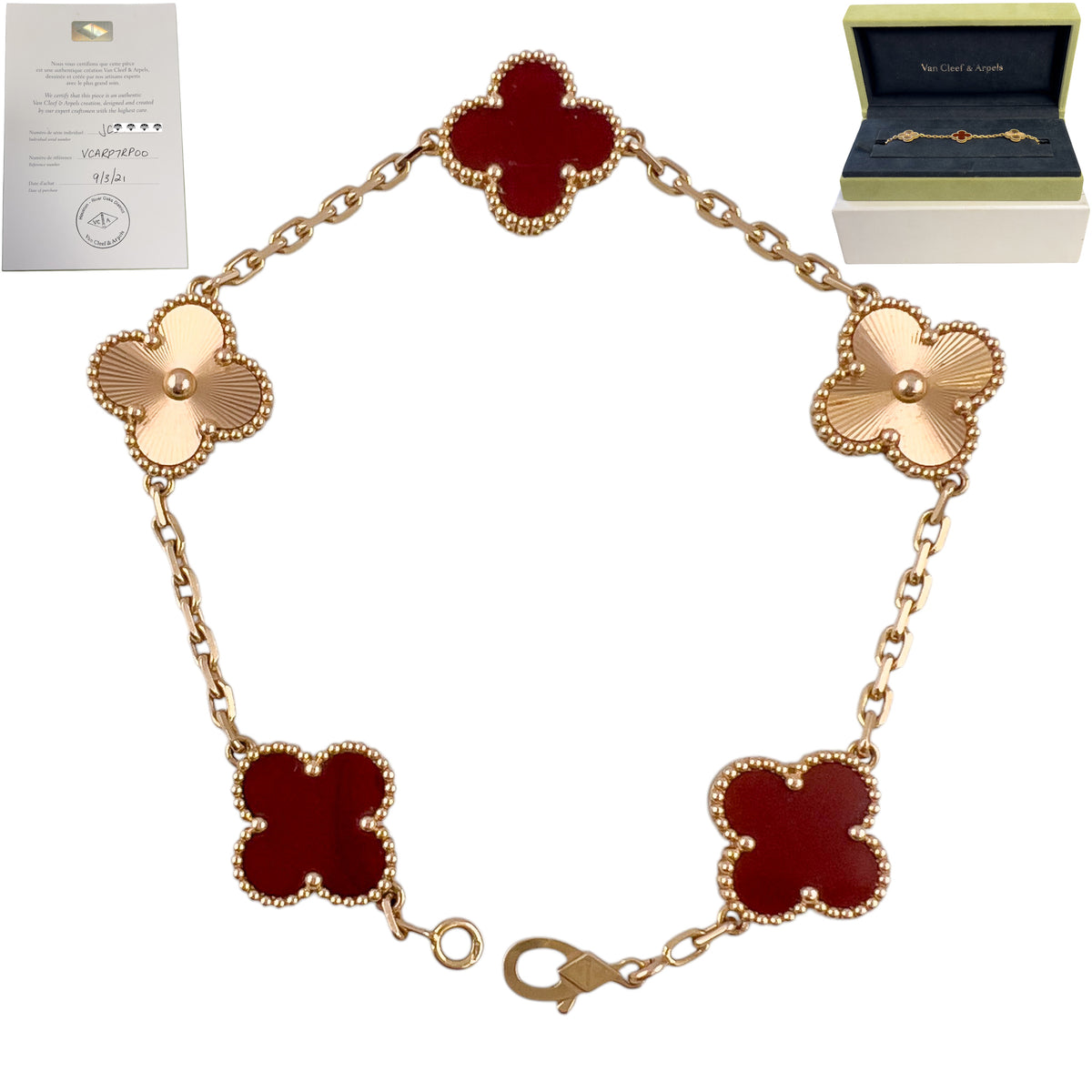Van Cleef Arpels Carnelian Guilloche 5 Motif Vintage Alhambra Bracelet BOX CERT