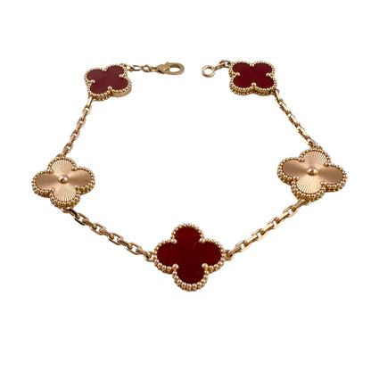 Van Cleef Arpels Carnelian Guilloche 5 Motif Vintage Alhambra Bracelet BOX CERT
