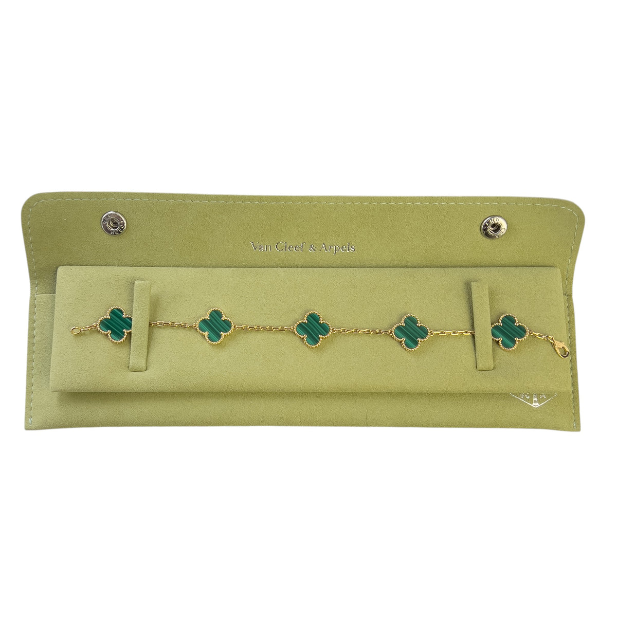 Van Cleef Arpels Malachite 5 Motif Vintage Alhambra 18k Gold Bracelet POUCH CERT
