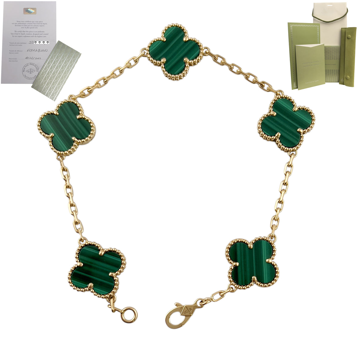 Van Cleef Arpels Malachite 5 Motif Vintage Alhambra 18k Gold Bracelet POUCH CERT