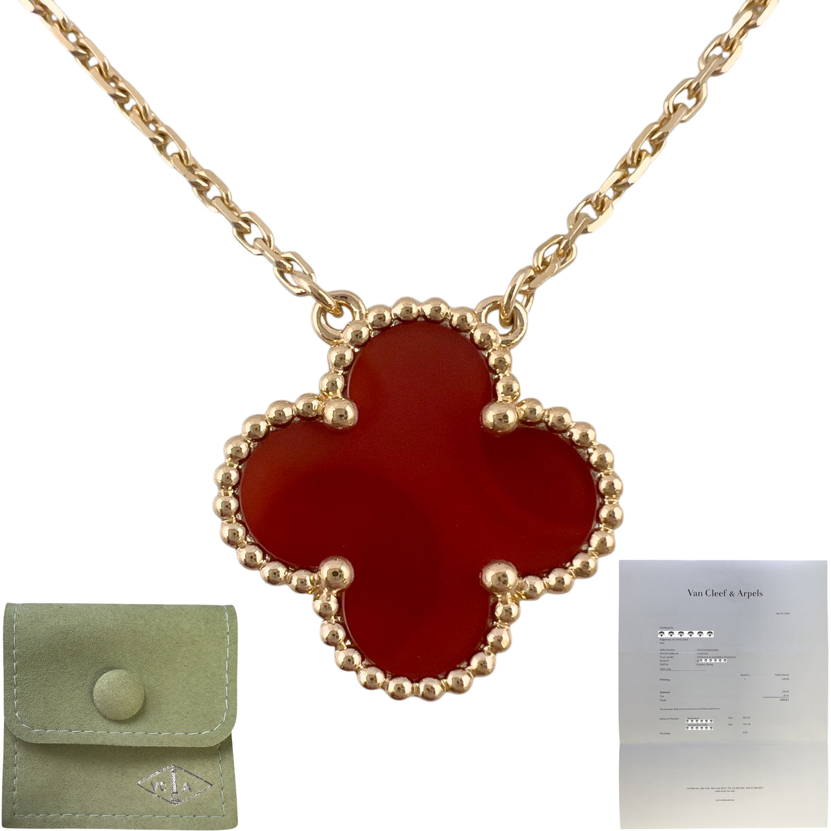 Van Cleef Arpels Carnelian Vintage Alhambra 18k Yellow Gold Necklace 16.5" POUCH