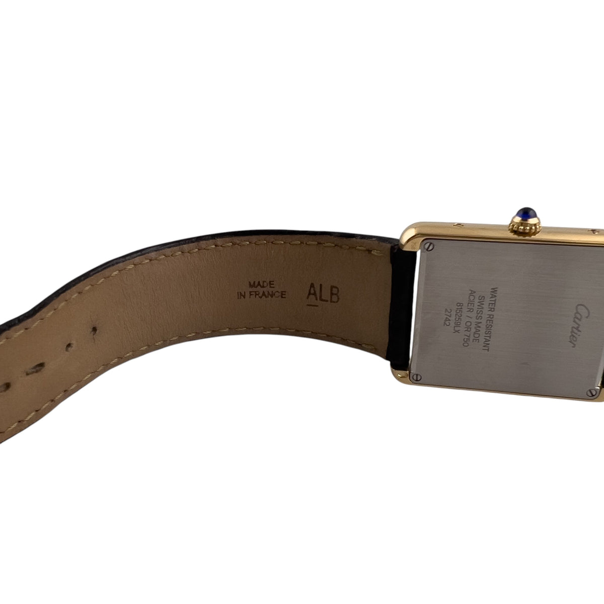 Cartier Tank 2742 18k Yellow Gold 28mm x 35mm White Roman Steel Back Black Strap