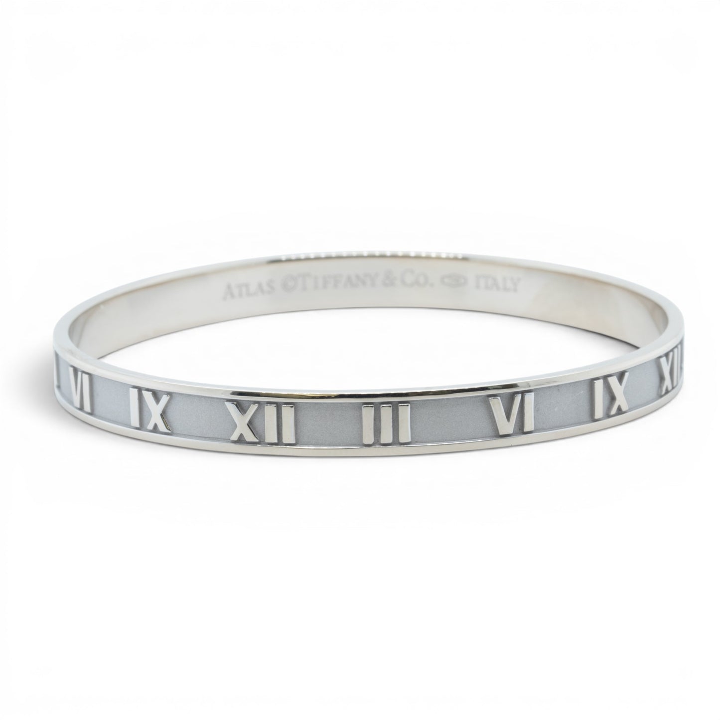 Tiffany & Co. 18k White Gold Atlas Roman Numeral Bangle Bracelet Italy BAG BOX