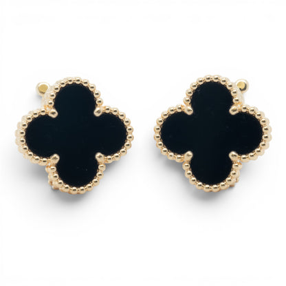 Van Cleef Arpels Onyx Vintage Alhambra 18k Gold Earrings BAG POUCH BOX RCPT CERT