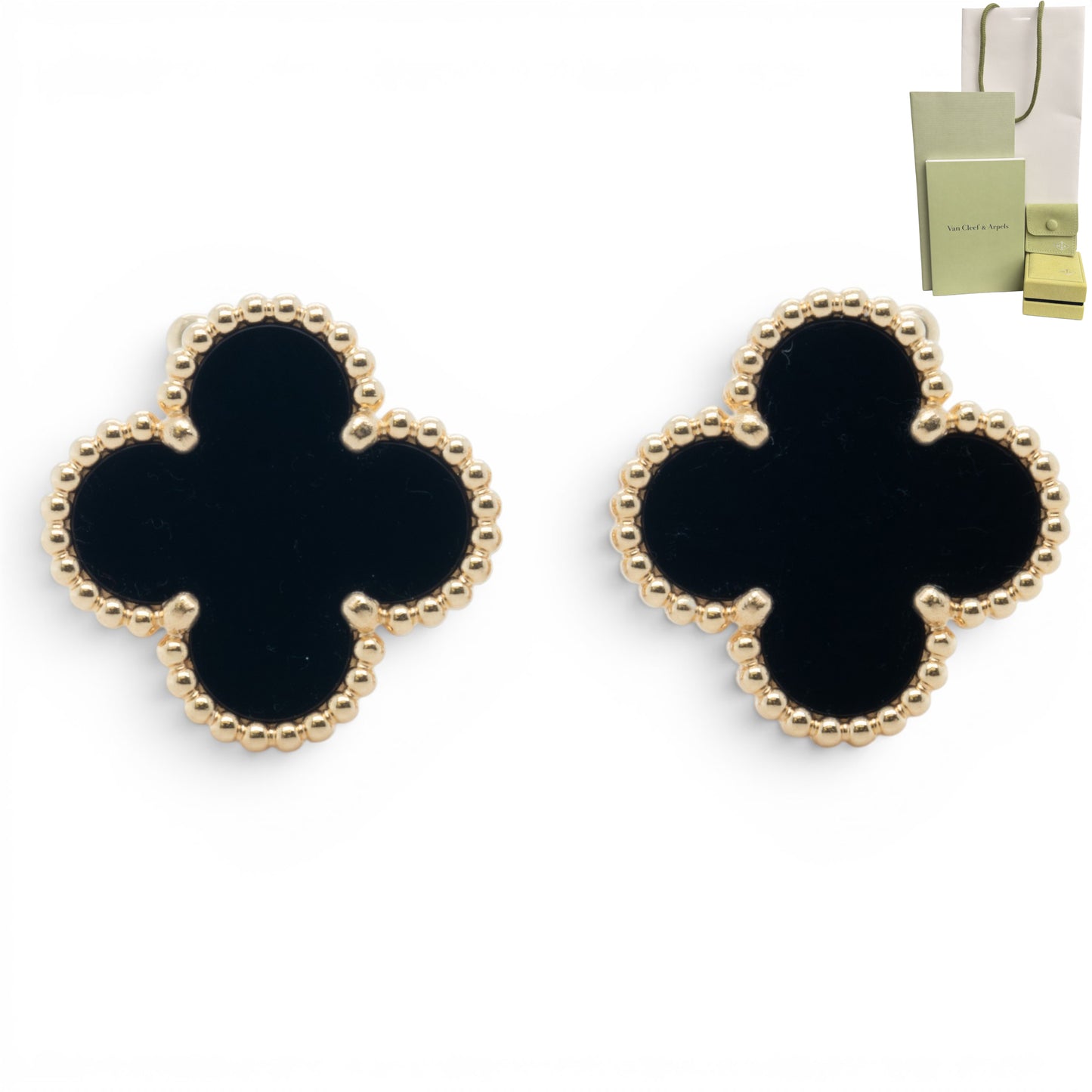 Van Cleef Arpels Onyx Vintage Alhambra 18k Gold Earrings BAG POUCH BOX RCPT CERT