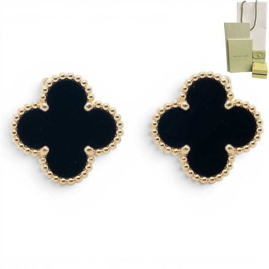 Van Cleef Arpels Onyx Vintage Alhambra 18k Gold Earrings BAG POUCH BOX RCPT CERT