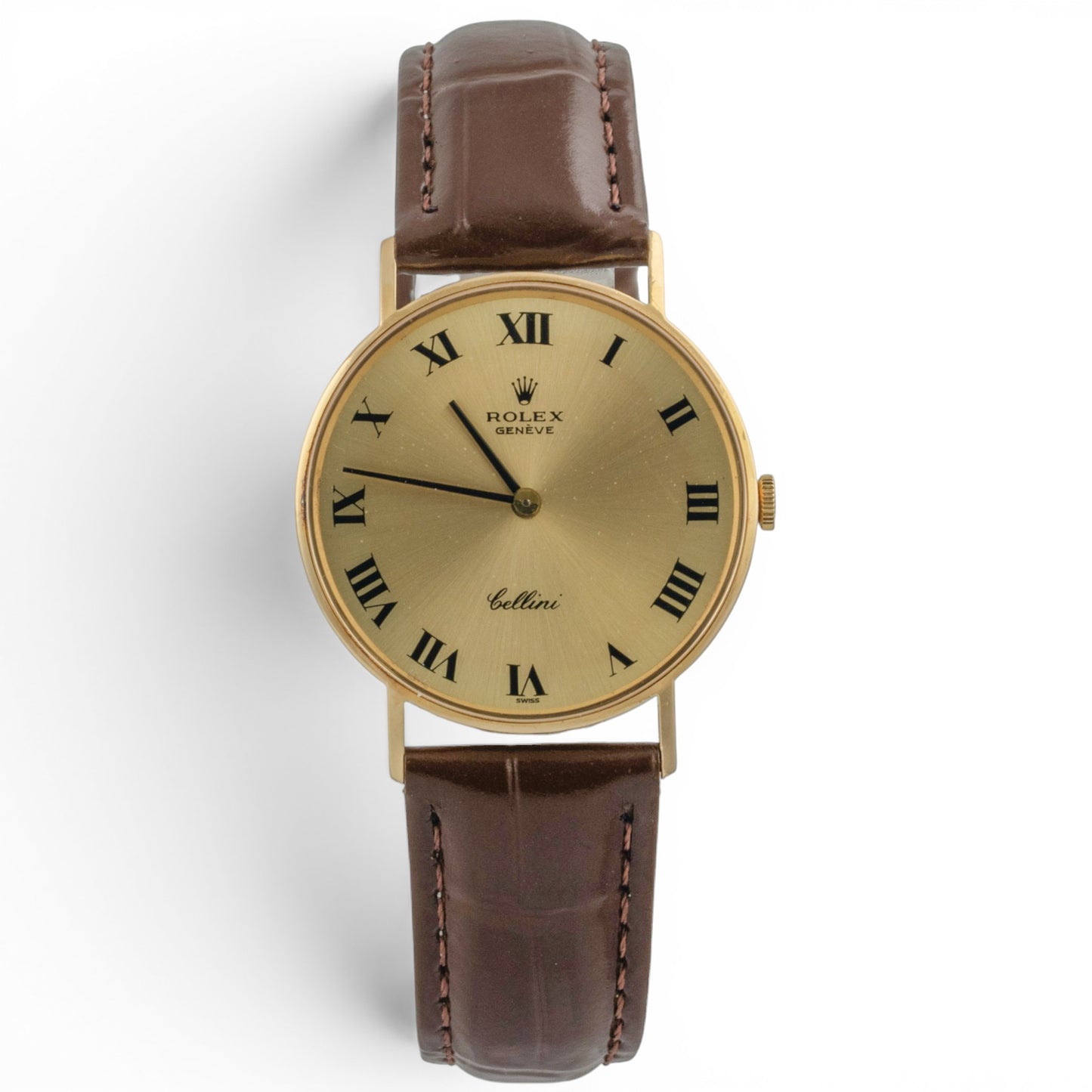 Rolex Cellini 3833 18k Yellow Gold Champagne 31mm Brown Strap Round Watch BOX