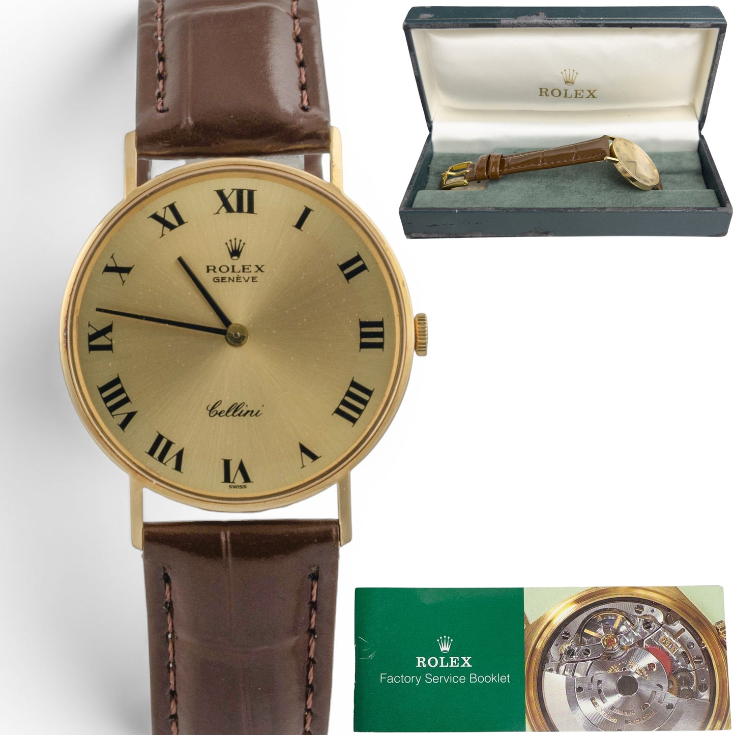Rolex Cellini 3833 18k Yellow Gold Champagne 31mm Brown Strap Round Watch BOX