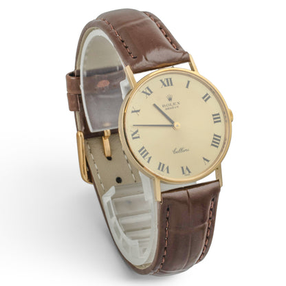 Rolex Cellini 3833 18k Yellow Gold Champagne 31mm Brown Strap Round Watch BOX