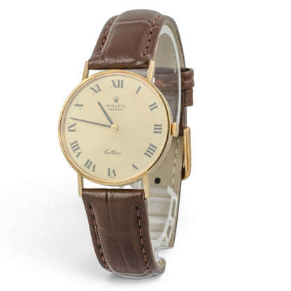 Rolex Cellini 3833 18k Yellow Gold Champagne 31mm Brown Strap Round Watch BOX