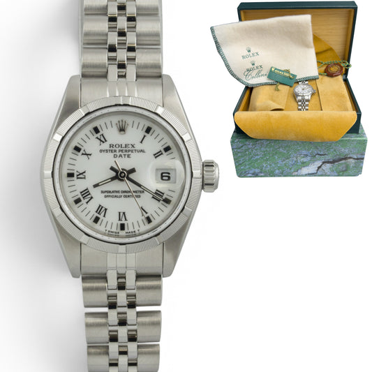 Rolex Datejust 69190 Stainless White Roman Engine Turned 26mm Ladies BOX + TAG