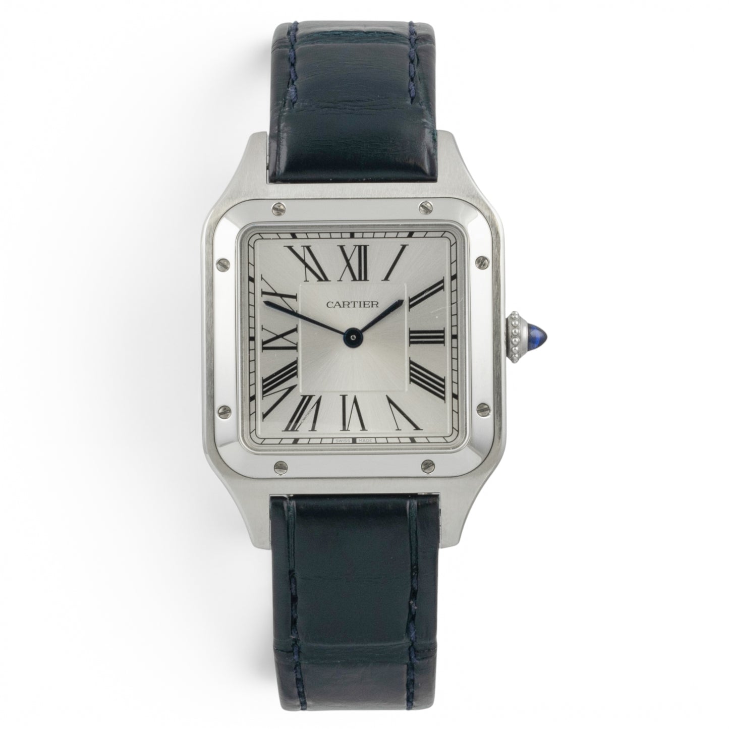 Cartier Santos Dumont 4240 WSSA0085 Steel Silver Roman Blue Strap BOX + PAPERS