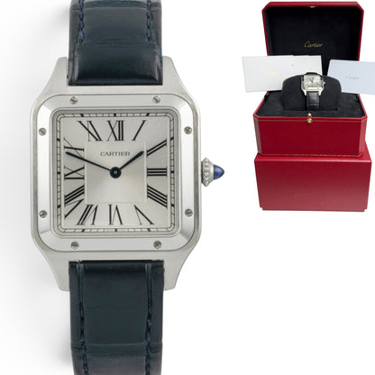 Cartier Santos Dumont 4240 WSSA0085 Steel Silver Roman Blue Strap BOX + PAPERS
