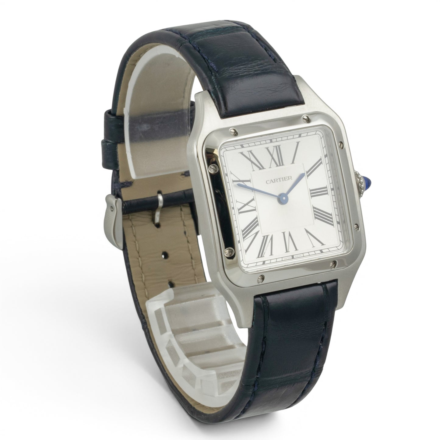 Cartier Santos Dumont 4240 WSSA0085 Steel Silver Roman Blue Strap BOX + PAPERS