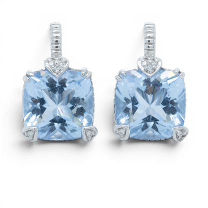 Judith Ripka 18k White Gold Cushion Blue Quartz Diamond Drop Earrings 10.1g