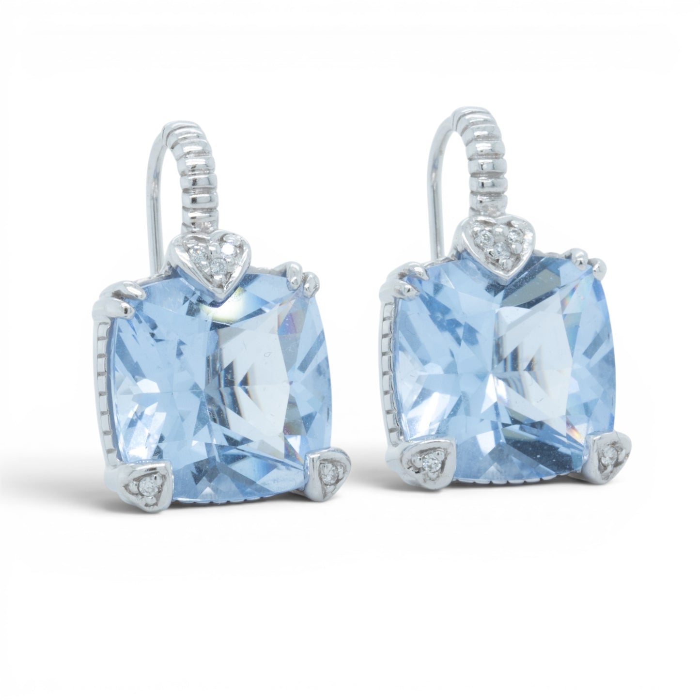 Judith Ripka 18k White Gold Cushion Blue Quartz Diamond Drop Earrings 10.1g