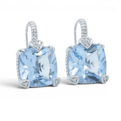 Judith Ripka 18k White Gold Cushion Blue Quartz Diamond Drop Earrings 10.1g