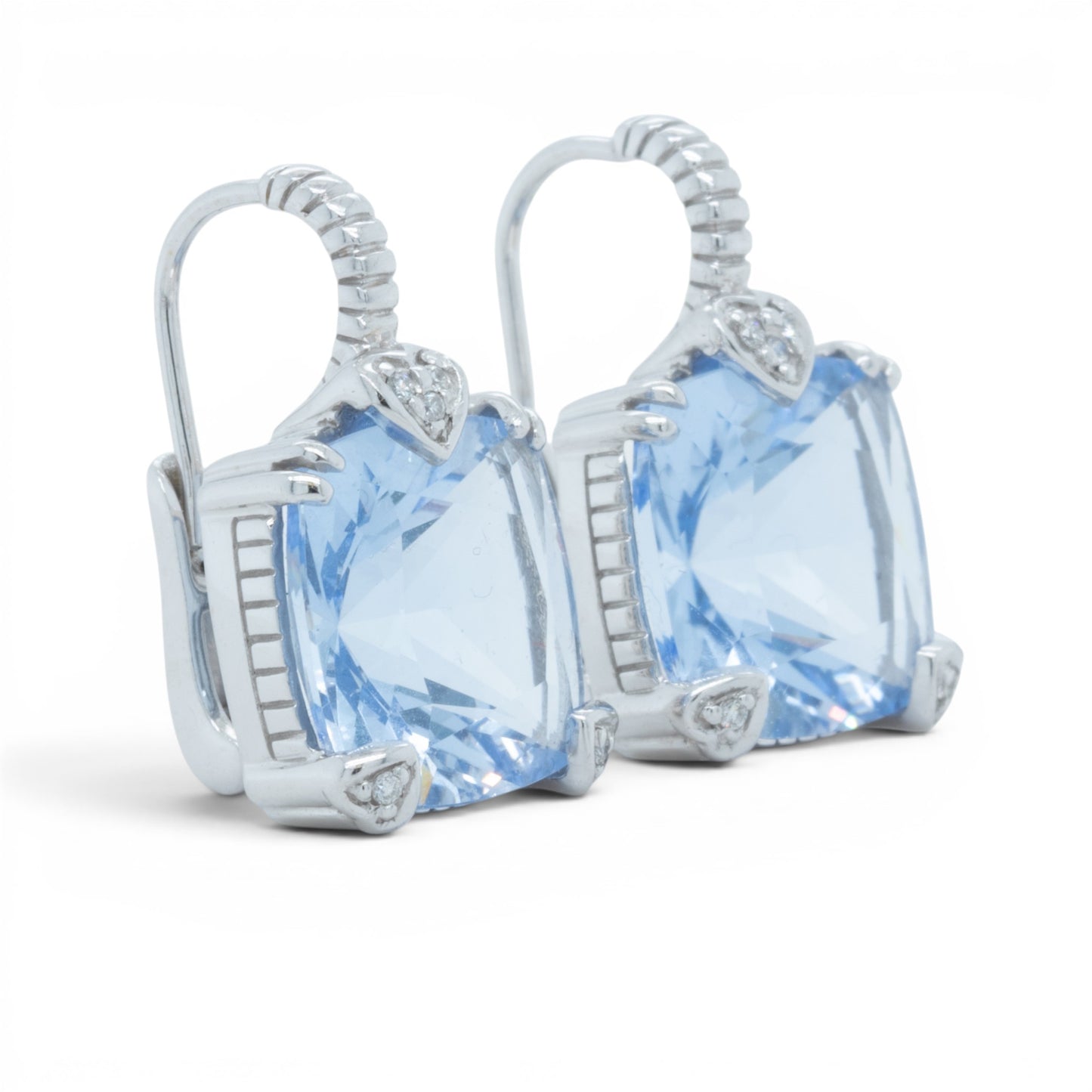Judith Ripka 18k White Gold Cushion Blue Quartz Diamond Drop Earrings 10.1g