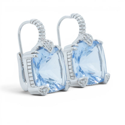 Judith Ripka 18k White Gold Cushion Blue Quartz Diamond Drop Earrings 10.1g