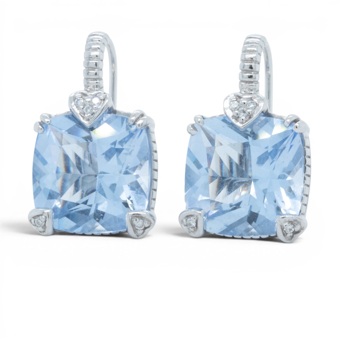 Judith Ripka 18k White Gold Cushion Blue Quartz Diamond Drop Earrings 10.1g