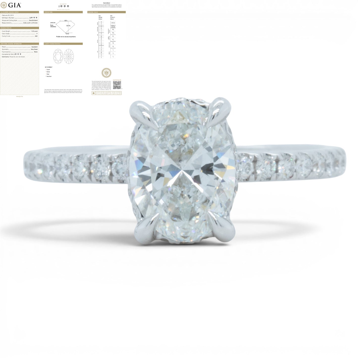 18k White Gold GIA 1.22ct F VS2 Oval Diamond Engagement Ring W/ Accents 0.30ctw