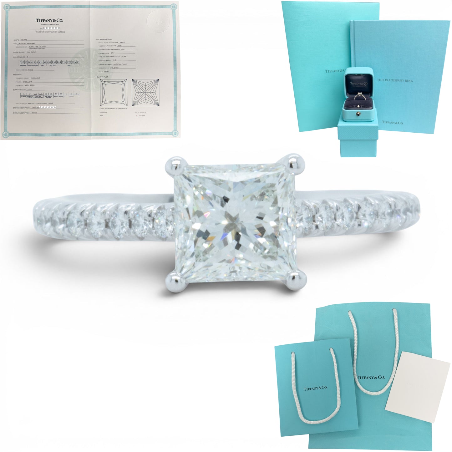 Tiffany & Co Novo Platinum Princess Diamond Engagement Ring 1.16ctw BAG BOX CERT