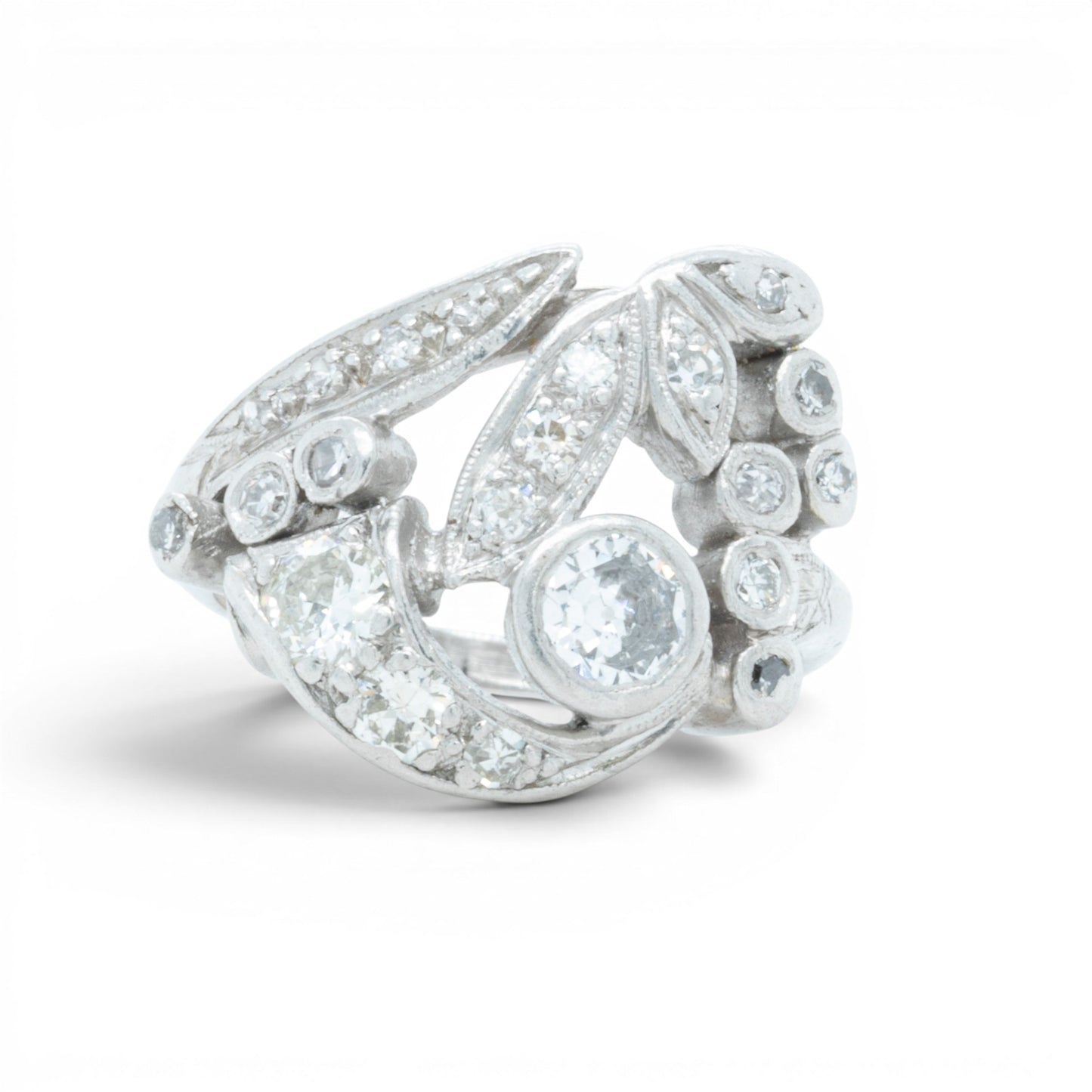 Antique Platinum 900 Old Mine Diamond Floral Ring 1.00ctw H SI1 Size 5.5