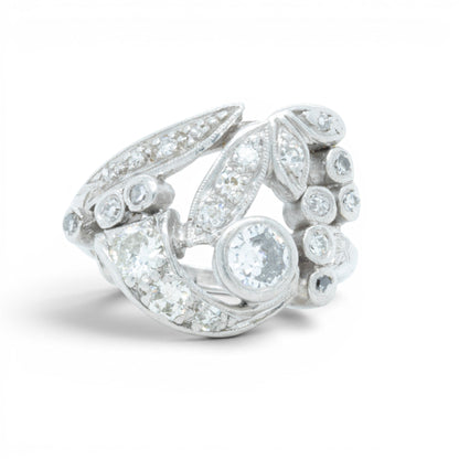 Antique Platinum 900 Old Mine Diamond Floral Ring 1.00ctw H SI1 Size 5.5