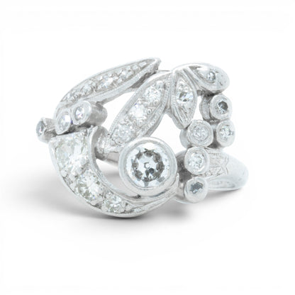Antique Platinum 900 Old Mine Diamond Floral Ring 1.00ctw H SI1 Size 5.5