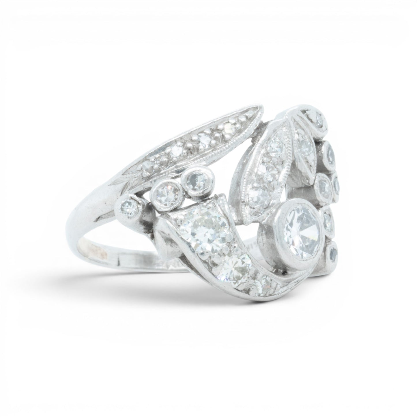 Antique Platinum 900 Old Mine Diamond Floral Ring 1.00ctw H SI1 Size 5.5