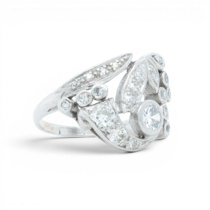 Antique Platinum 900 Old Mine Diamond Floral Ring 1.00ctw H SI1 Size 5.5