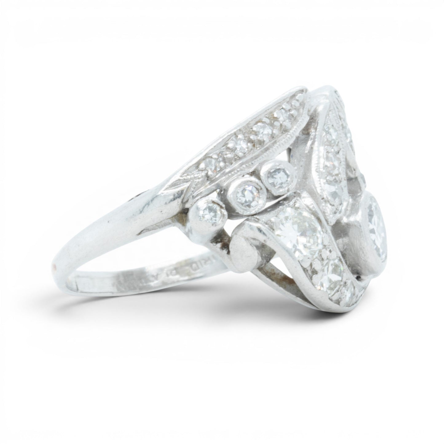 Antique Platinum 900 Old Mine Diamond Floral Ring 1.00ctw H SI1 Size 5.5