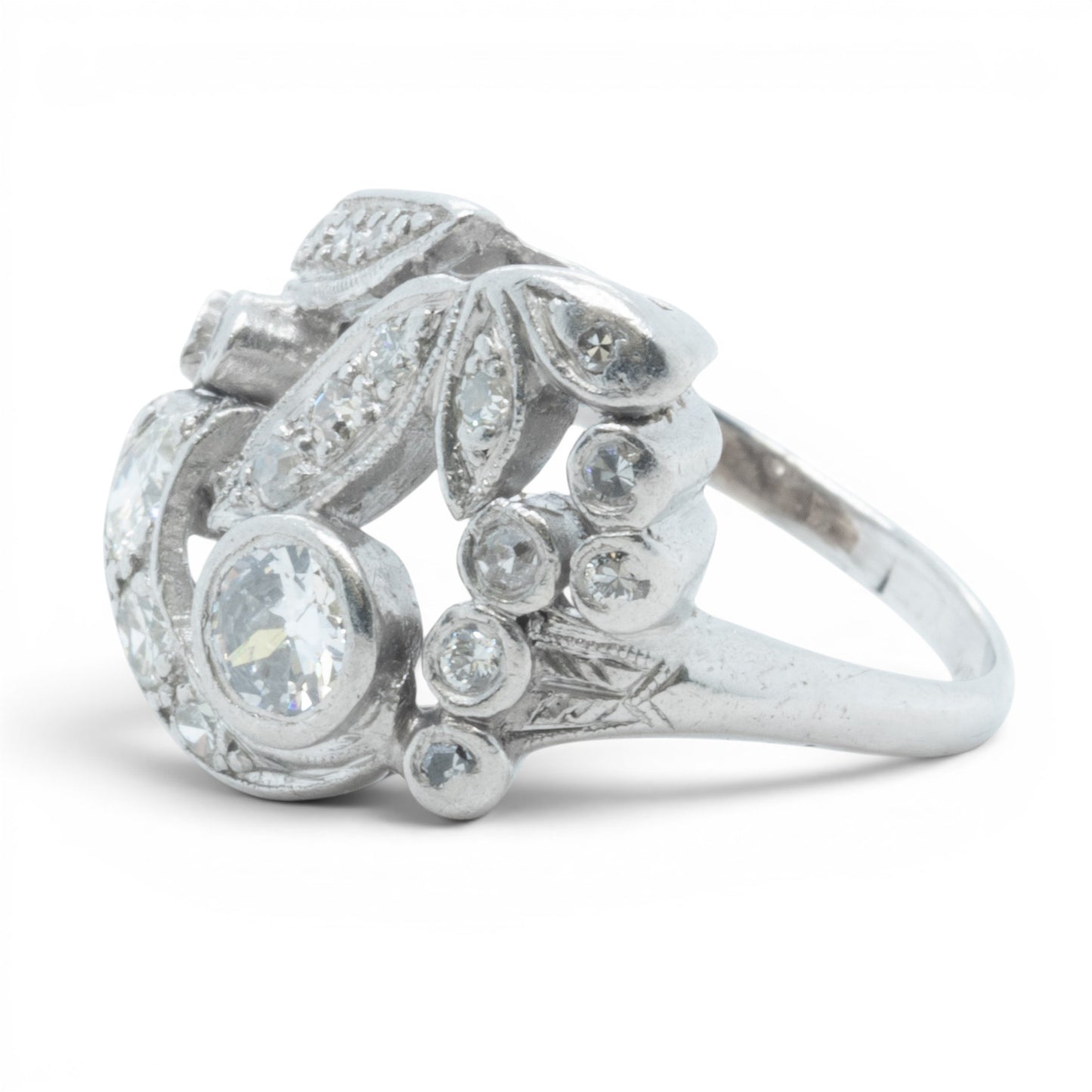 Antique Platinum 900 Old Mine Diamond Floral Ring 1.00ctw H SI1 Size 5.5
