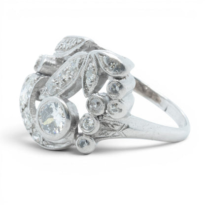 Antique Platinum 900 Old Mine Diamond Floral Ring 1.00ctw H SI1 Size 5.5