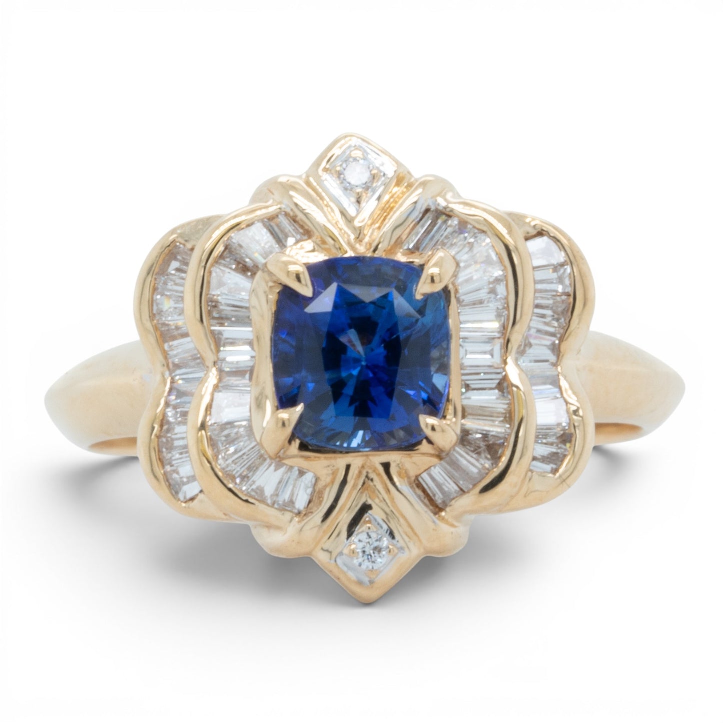 18k Yellow Gold Cushion Blue Stone & Baguette Diamond 0.46ctw G SI1 Ring Size 8