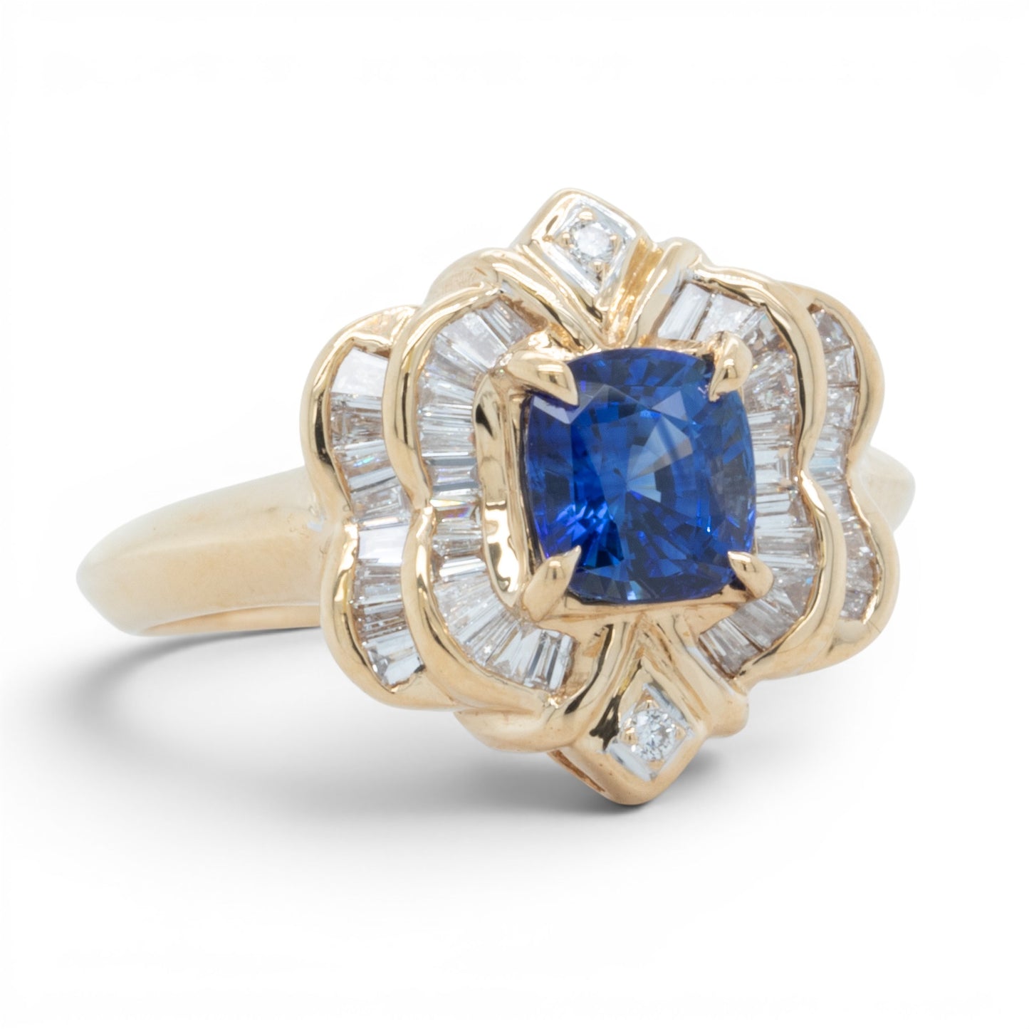 18k Yellow Gold Cushion Blue Stone & Baguette Diamond 0.46ctw G SI1 Ring Size 8