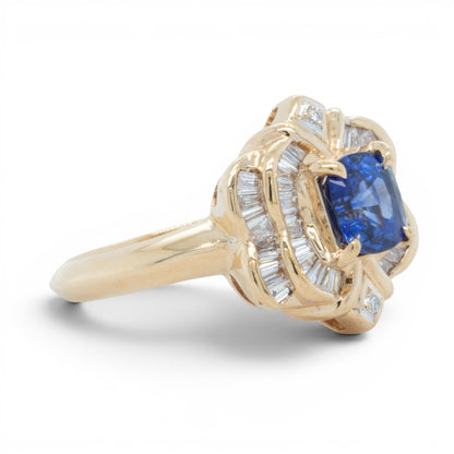 18k Yellow Gold Cushion Blue Stone & Baguette Diamond 0.46ctw G SI1 Ring Size 8