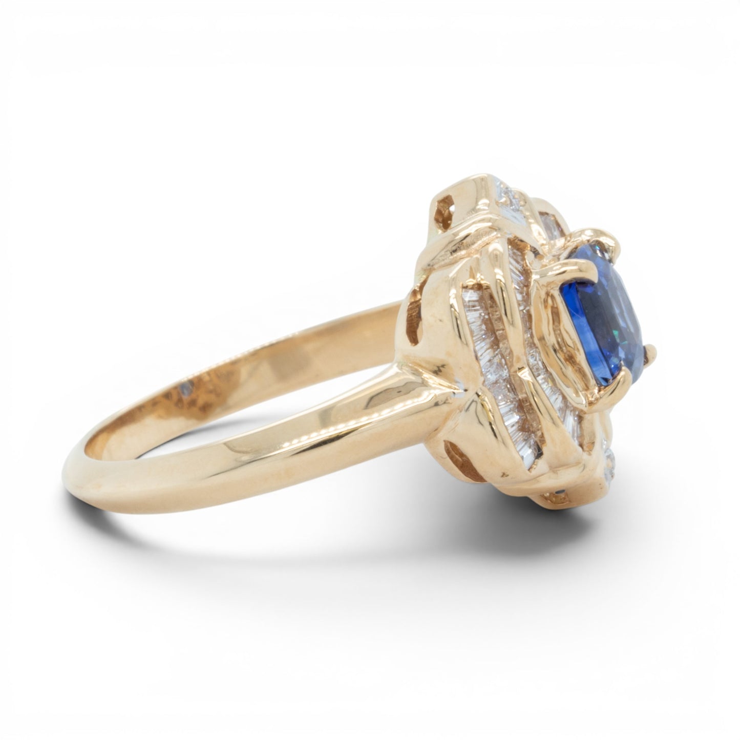 18k Yellow Gold Cushion Blue Stone & Baguette Diamond 0.46ctw G SI1 Ring Size 8