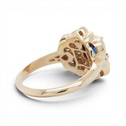 18k Yellow Gold Cushion Blue Stone & Baguette Diamond 0.46ctw G SI1 Ring Size 8