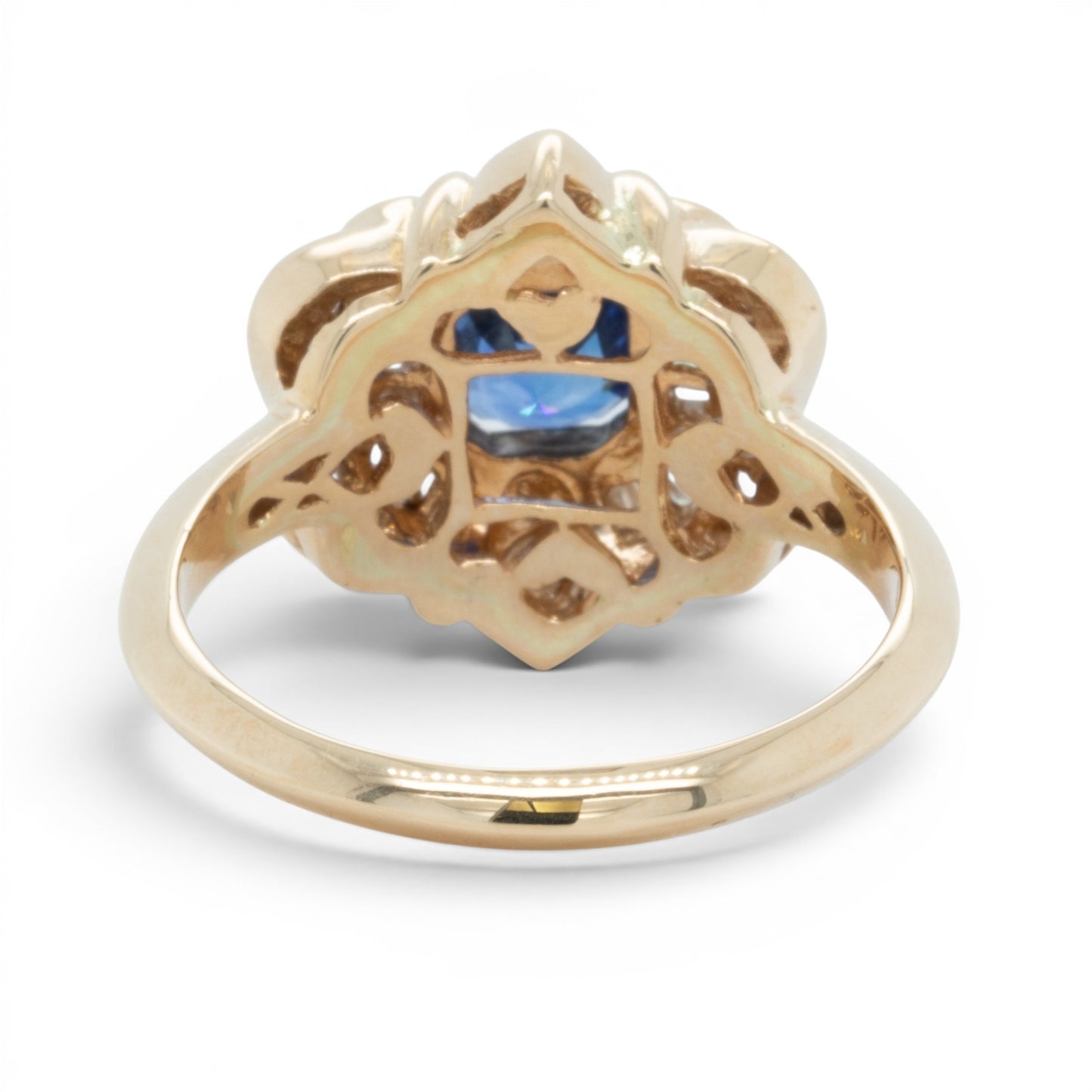 18k Yellow Gold Cushion Blue Stone & Baguette Diamond 0.46ctw G SI1 Ring Size 8