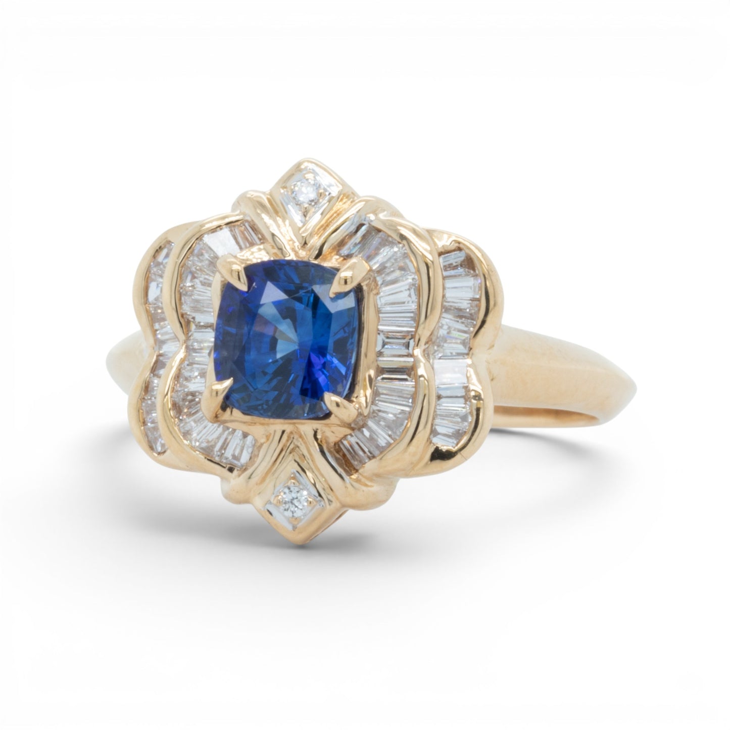 18k Yellow Gold Cushion Blue Stone & Baguette Diamond 0.46ctw G SI1 Ring Size 8