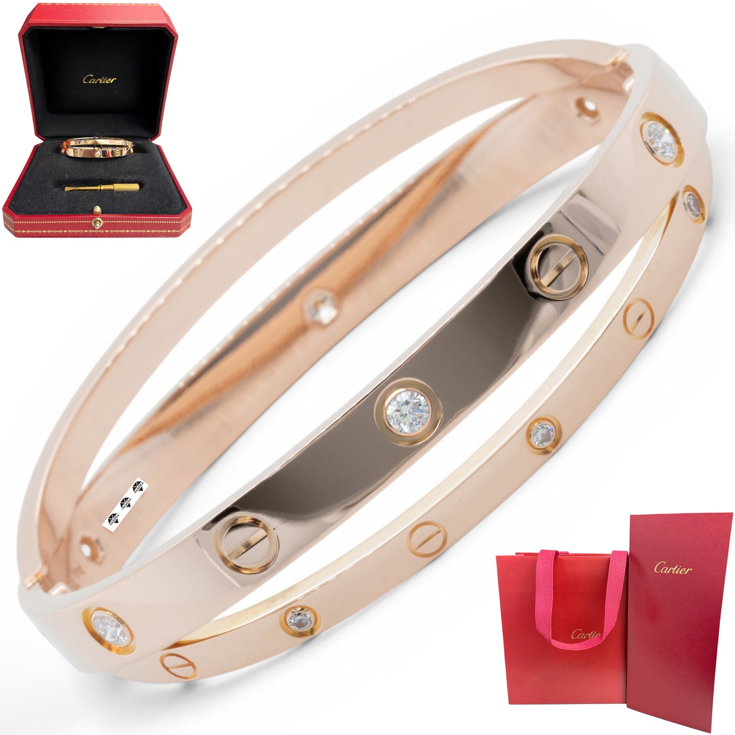 Cartier DOUBLE Love Bracelet 12 DIAMOND 18k Rose Gold Size 16 BAG BOX & RECEIPT