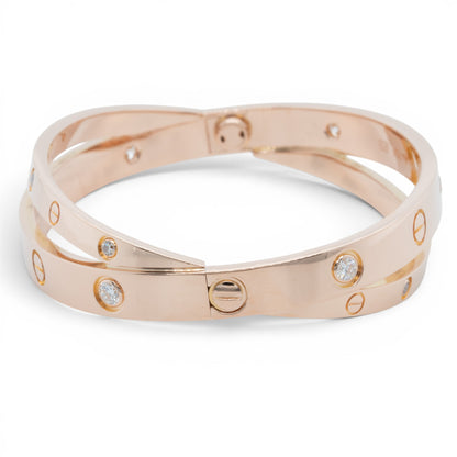 Cartier DOUBLE Love Bracelet 12 DIAMOND 18k Rose Gold Size 16 BAG BOX & RECEIPT
