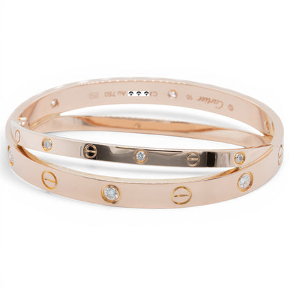 Cartier DOUBLE Love Bracelet 12 DIAMOND 18k Rose Gold Size 16 BAG BOX & RECEIPT
