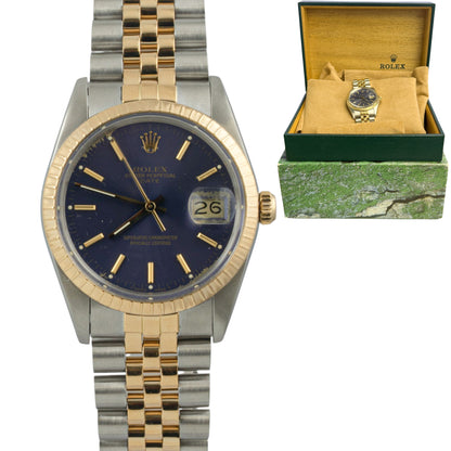 Rolex Oyster Date 15053 Blue Dial 18k Gold & Stainless Steel 34mm Watch w/ BOX