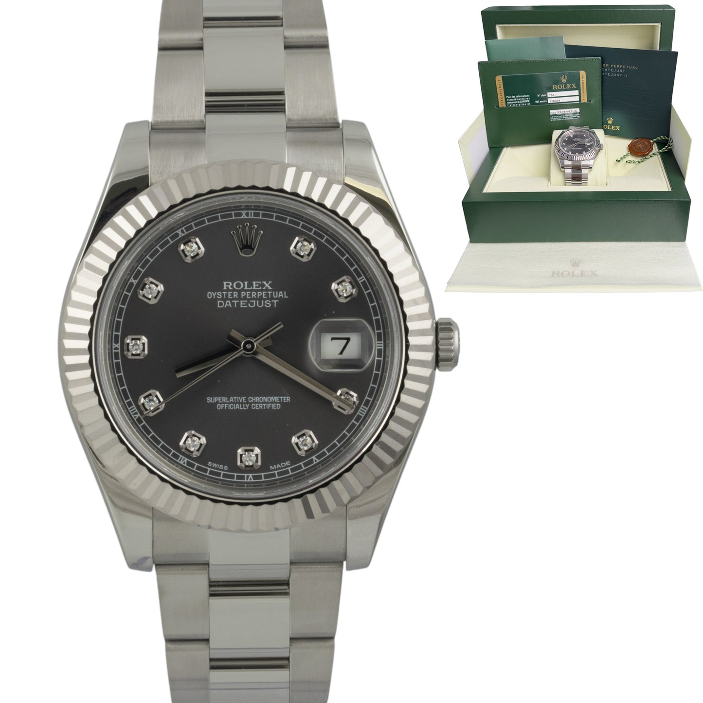 Rolex DateJust Stainless Steel Dark Rhodium Diamond 41mm Watch 116334 BOX PAPERS