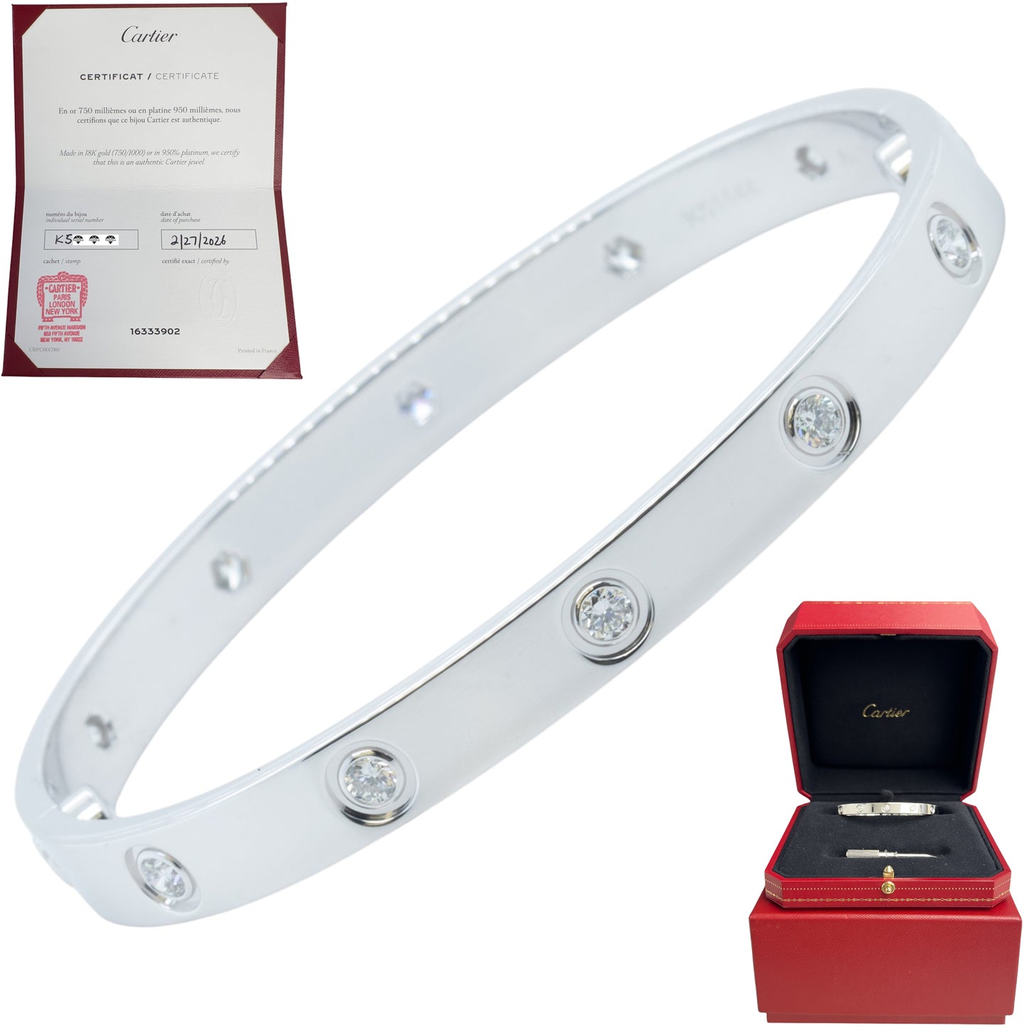 2026 Cartier LOVE 18k White Gold 10 Diamond Classic Bracelet SZ 17 BOX & CERT